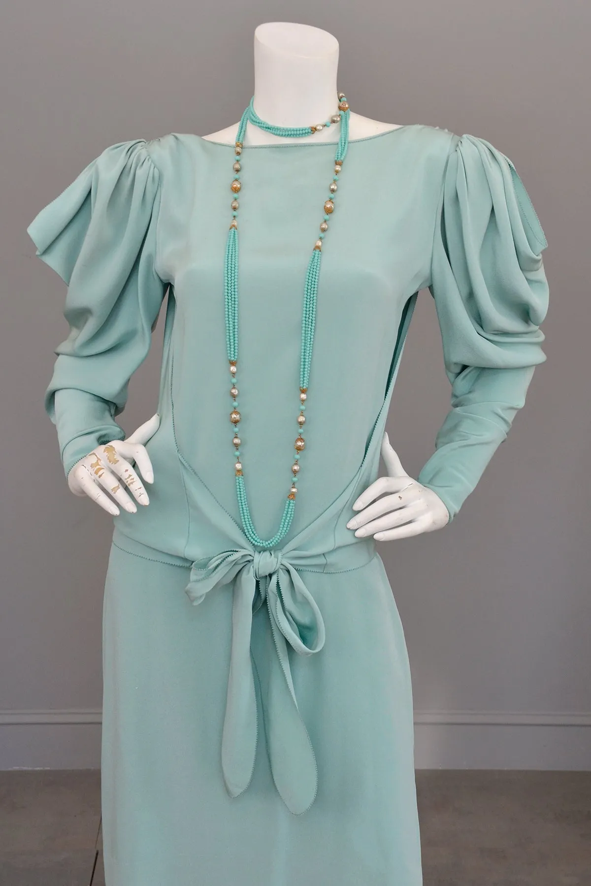 1980s Powder Aqua Blue Drape Back Open Shoulder Dramatic Disco Era Dress