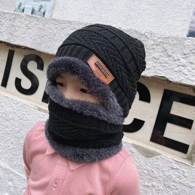 2Pcs Kids Winter Warm Knitted Hat with Scarf Set Skullies Beanies for 3-14 Years Old Boy's Children Outdoor Sport Set