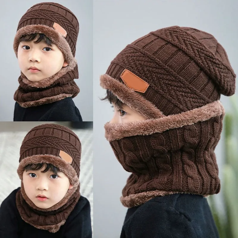 2Pcs Kids Winter Warm Knitted Hat with Scarf Set Skullies Beanies for 3-14 Years Old Boy's Children Outdoor Sport Set