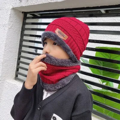 2Pcs Kids Winter Warm Knitted Hat with Scarf Set Skullies Beanies for 3-14 Years Old Boy's Children Outdoor Sport Set