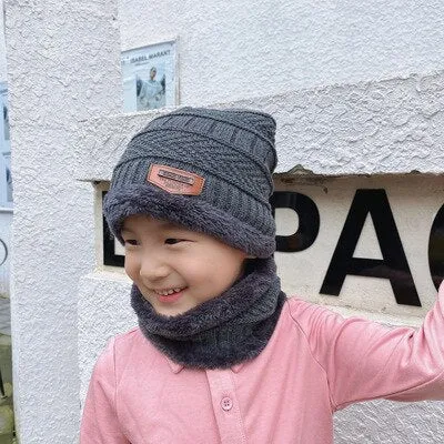 2Pcs Kids Winter Warm Knitted Hat with Scarf Set Skullies Beanies for 3-14 Years Old Boy's Children Outdoor Sport Set