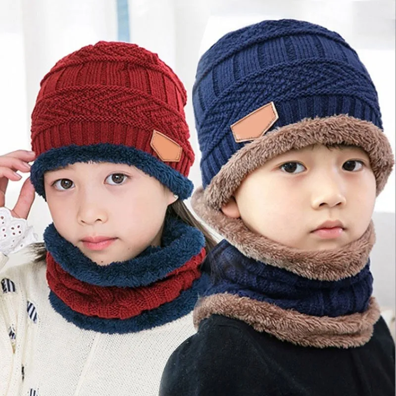 2Pcs Kids Winter Warm Knitted Hat with Scarf Set Skullies Beanies for 3-14 Years Old Boy's Children Outdoor Sport Set