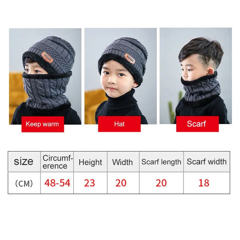 2Pcs Kids Winter Warm Knitted Hat with Scarf Set Skullies Beanies for 3-14 Years Old Boy's Children Outdoor Sport Set