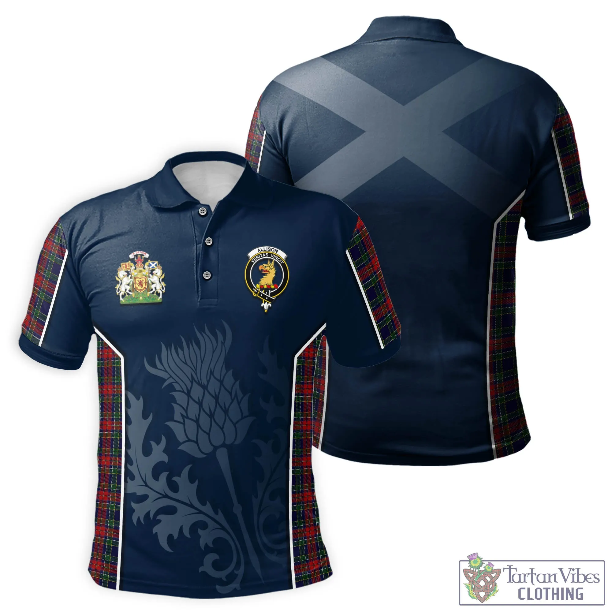 Allison Red Tartan Men's Polo Shirt with Family Crest and Scottish Thistle Vibes Sport Style