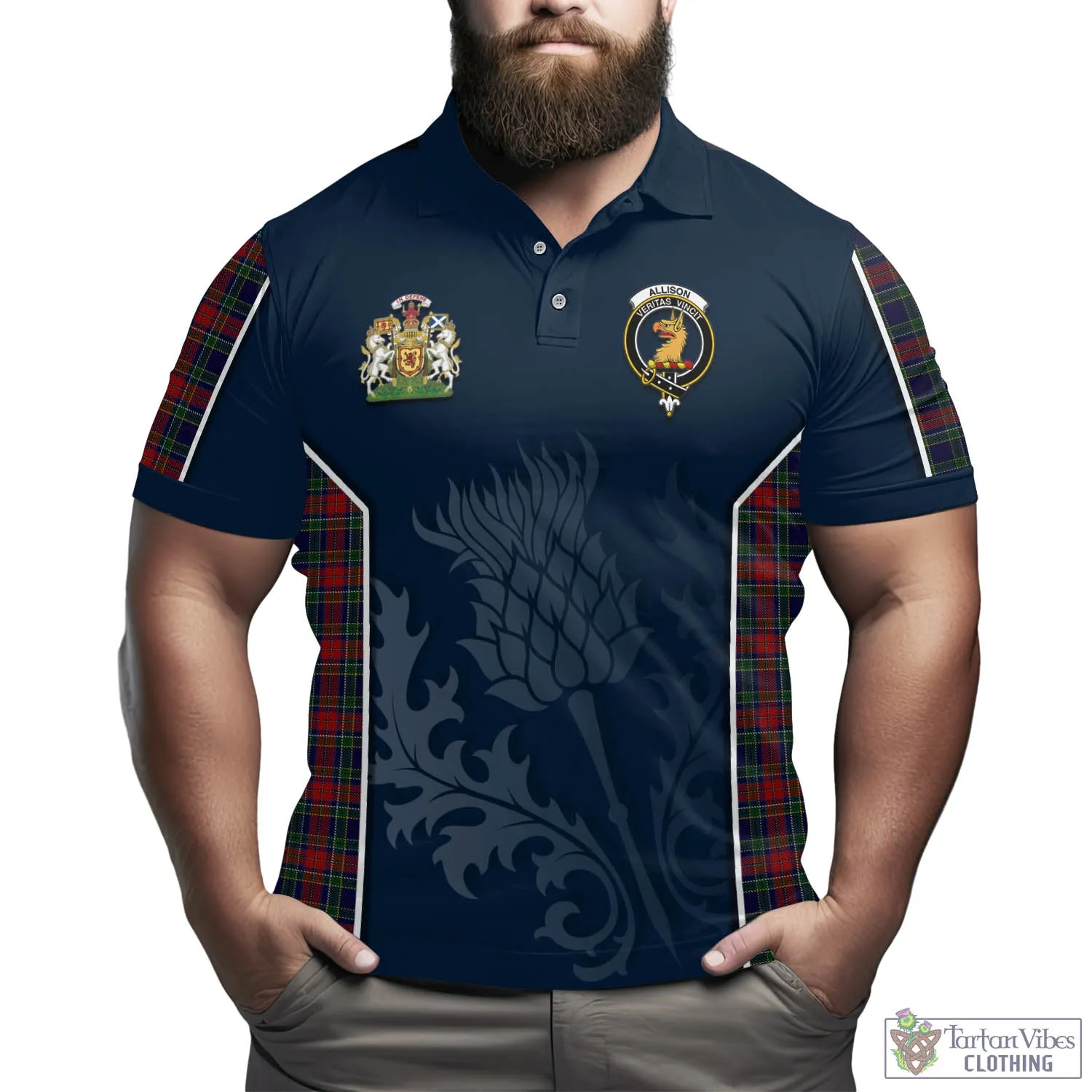 Allison Red Tartan Men's Polo Shirt with Family Crest and Scottish Thistle Vibes Sport Style