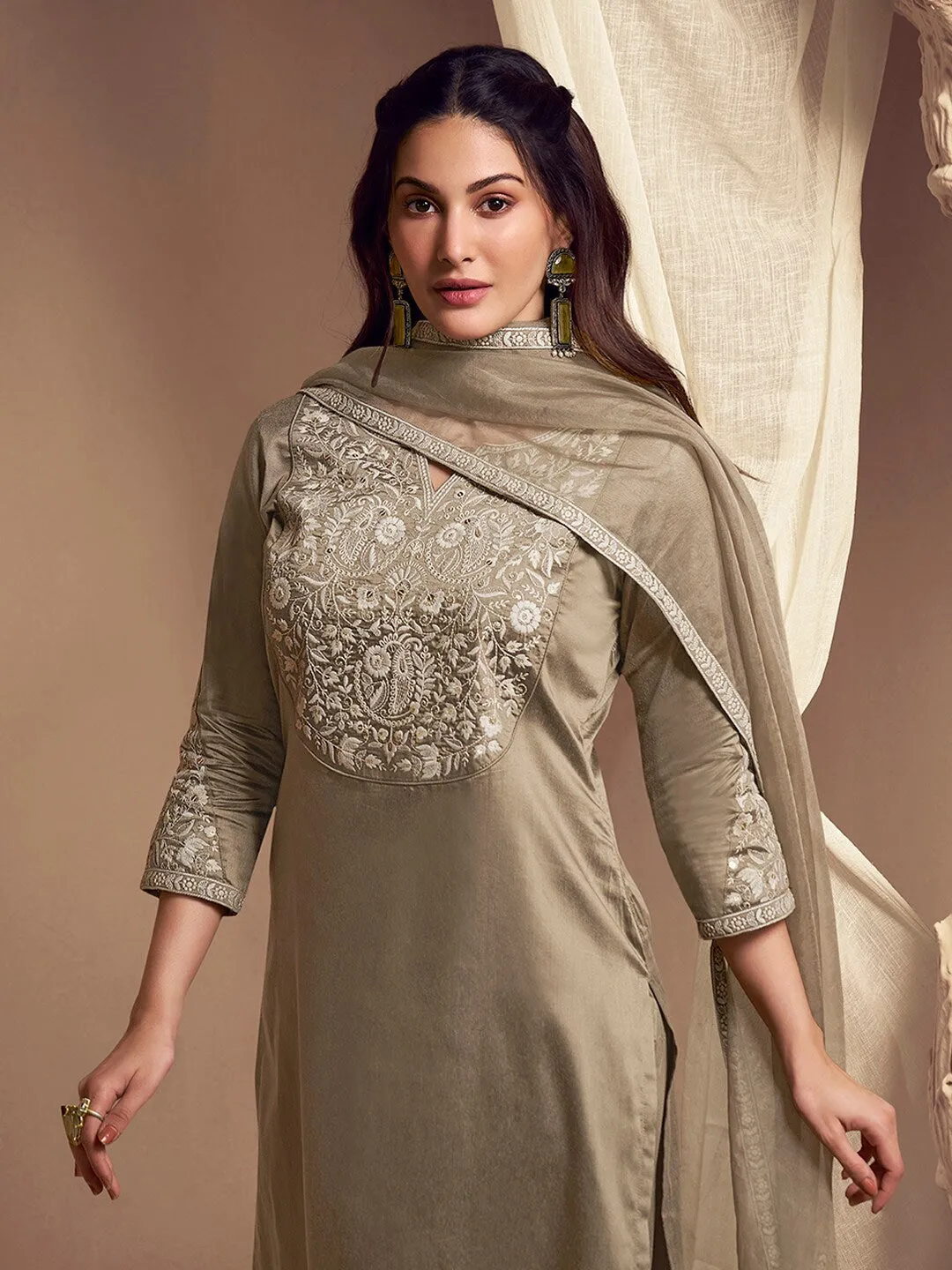 Amyra Dastur Beige Floral Yoke Design Thread Work Pure Silk Straight Kurta with Trousers & Dupatta