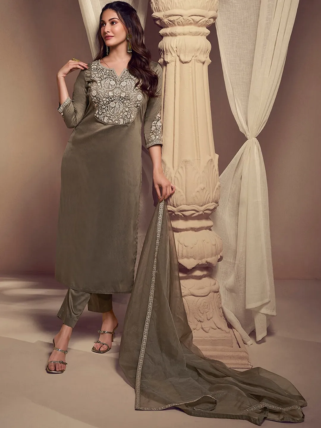 Amyra Dastur Beige Floral Yoke Design Thread Work Pure Silk Straight Kurta with Trousers & Dupatta