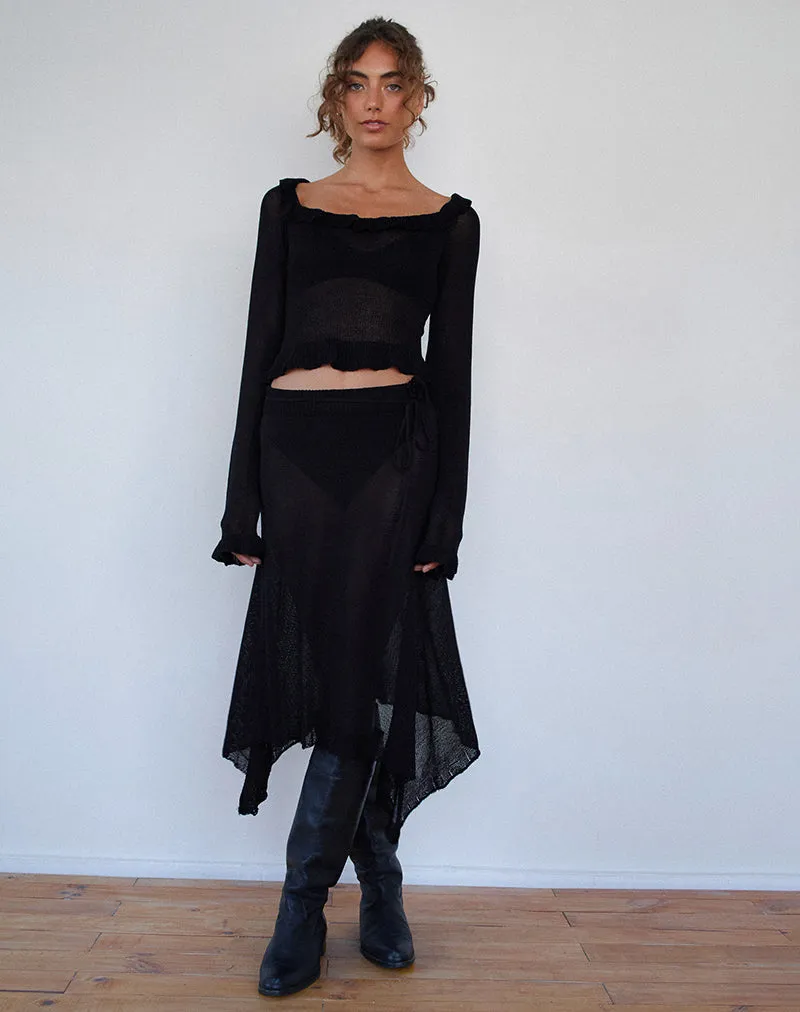 Ayako Frill Fine Knit Top in Black