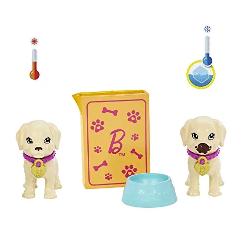 Barbie Pup Adoption Doll & Accessories Set with Color-Change, 2 Pets, Carrier & 10 Accessories, Brunette Doll in Purple Dress