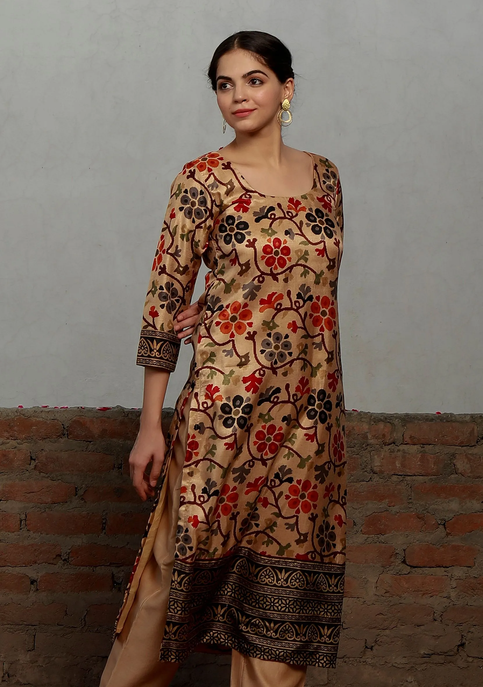 Beige Kalamkari Printed Cotton Silk Straight Kurta