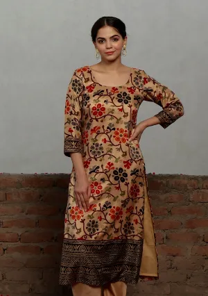 Beige Kalamkari Printed Cotton Silk Straight Kurta