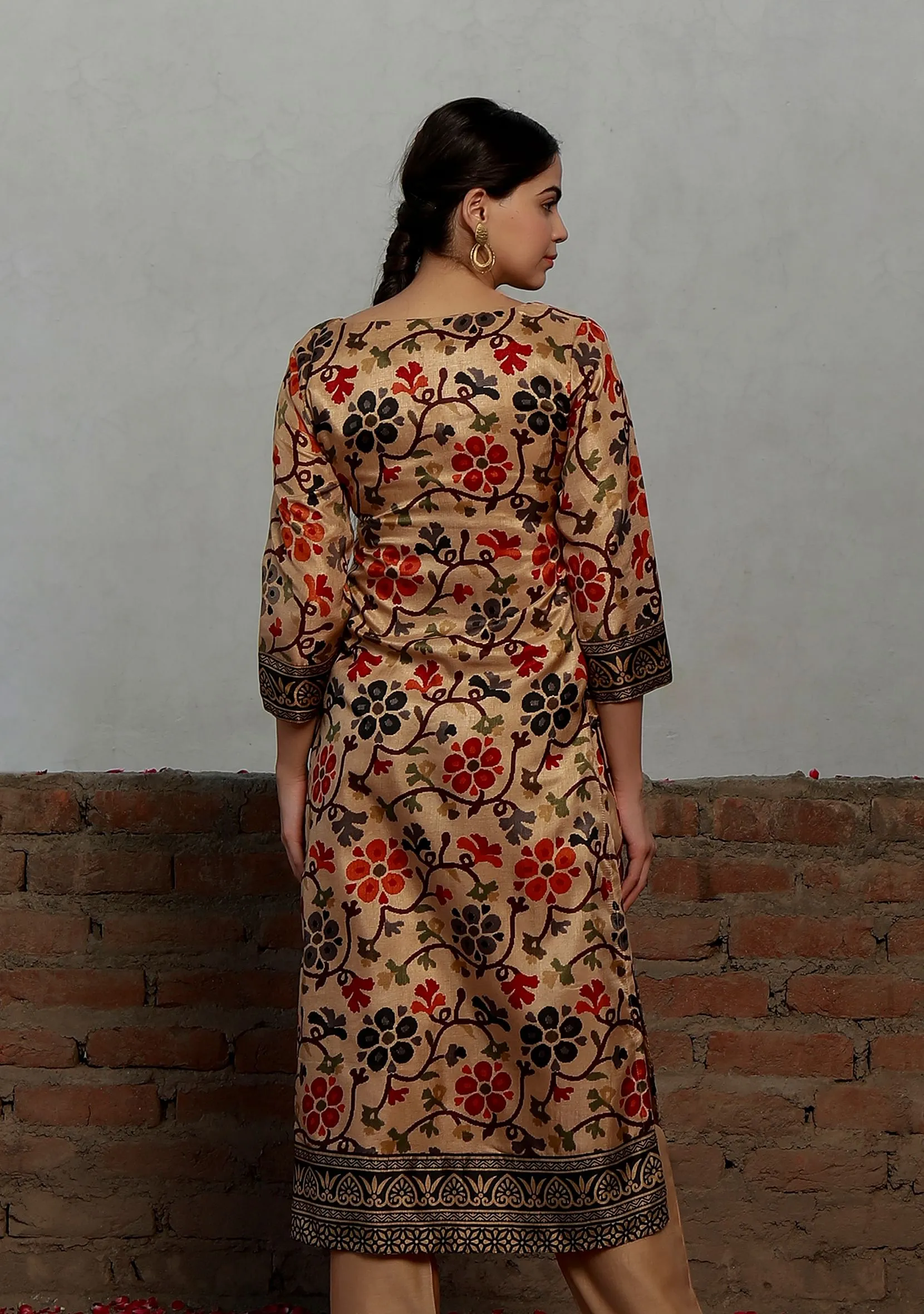 Beige Kalamkari Printed Cotton Silk Straight Kurta