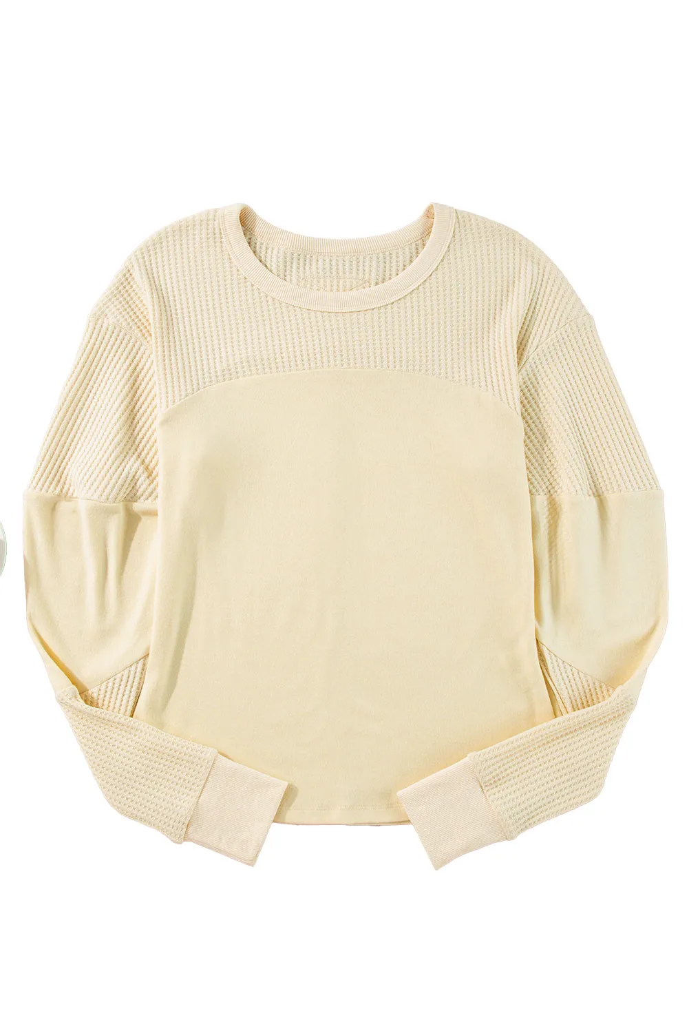 Beige Thermal Knit Patchwork Exposed Seam Long Sleeve Top