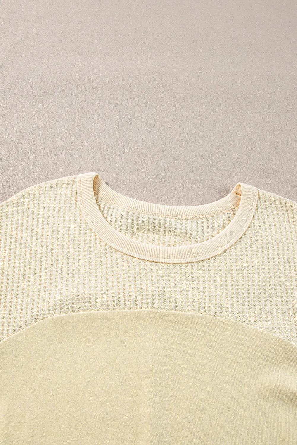 Beige Thermal Knit Patchwork Exposed Seam Long Sleeve Top