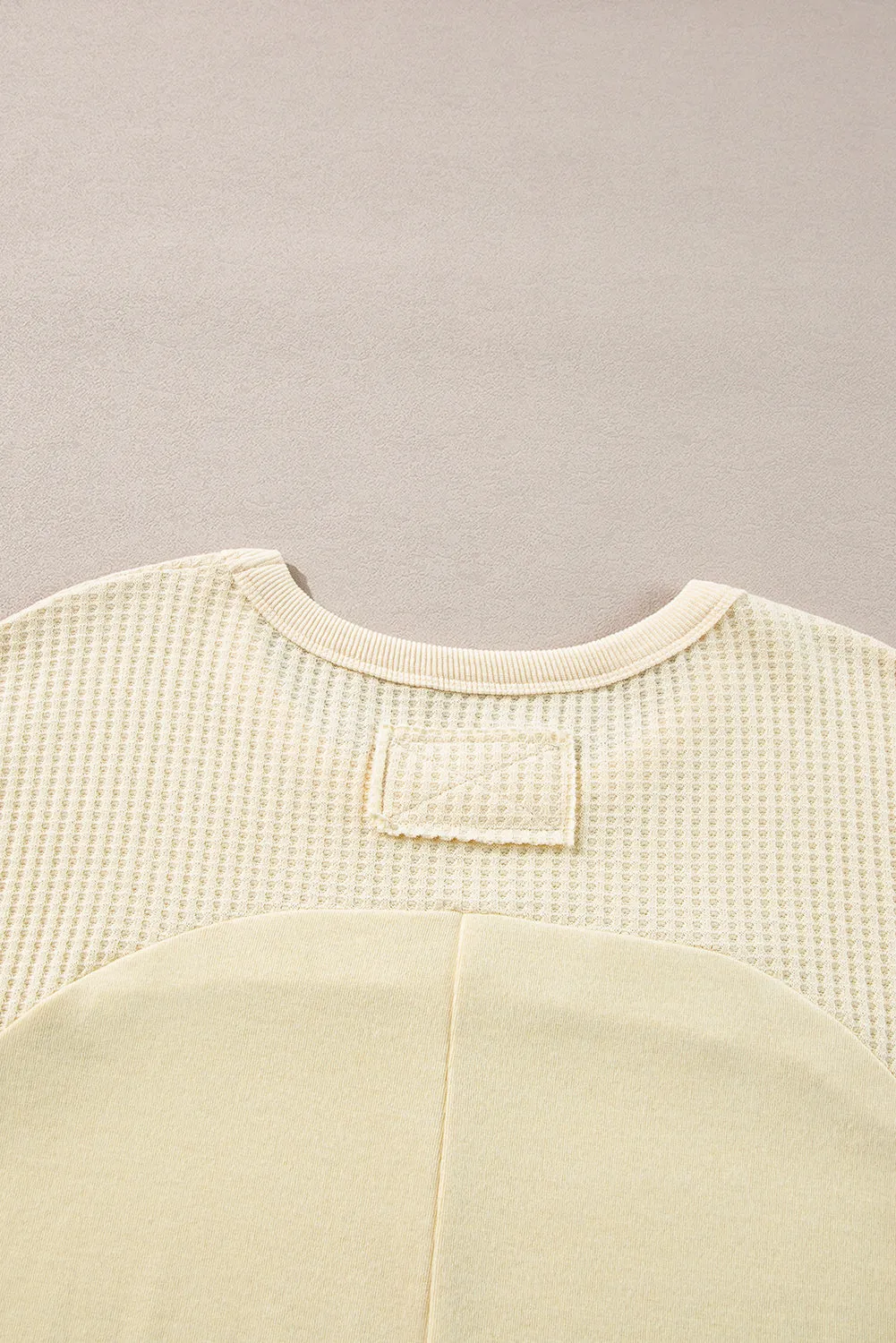 Beige Thermal Knit Patchwork Exposed Seam Long Sleeve Top