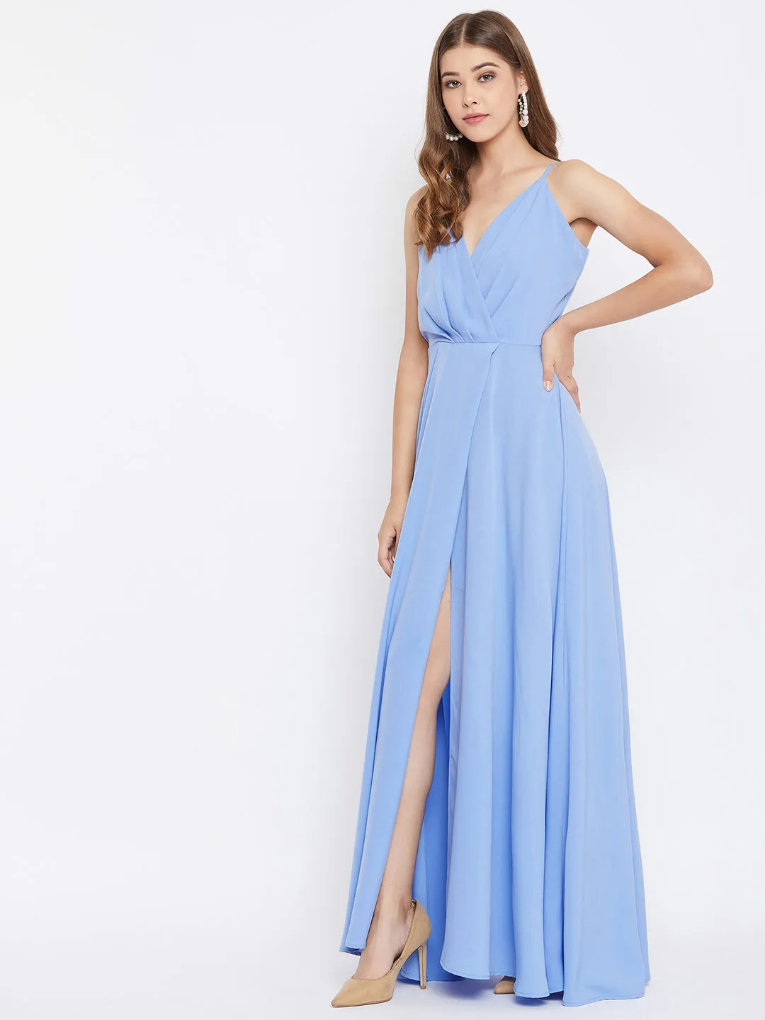 Berrylush Women Solid Blue V-Neck Thigh-Slit Flared Maxi Dress