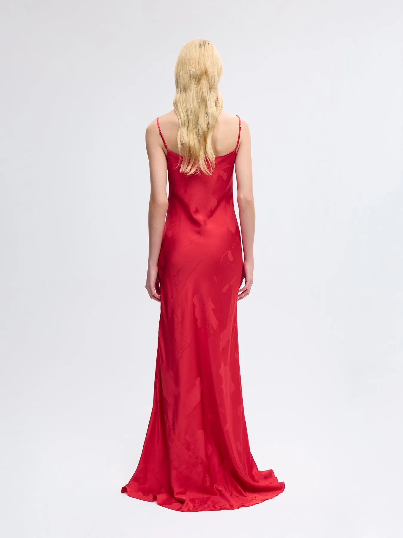 Bias Silk Slip Gown in Red Jacquard