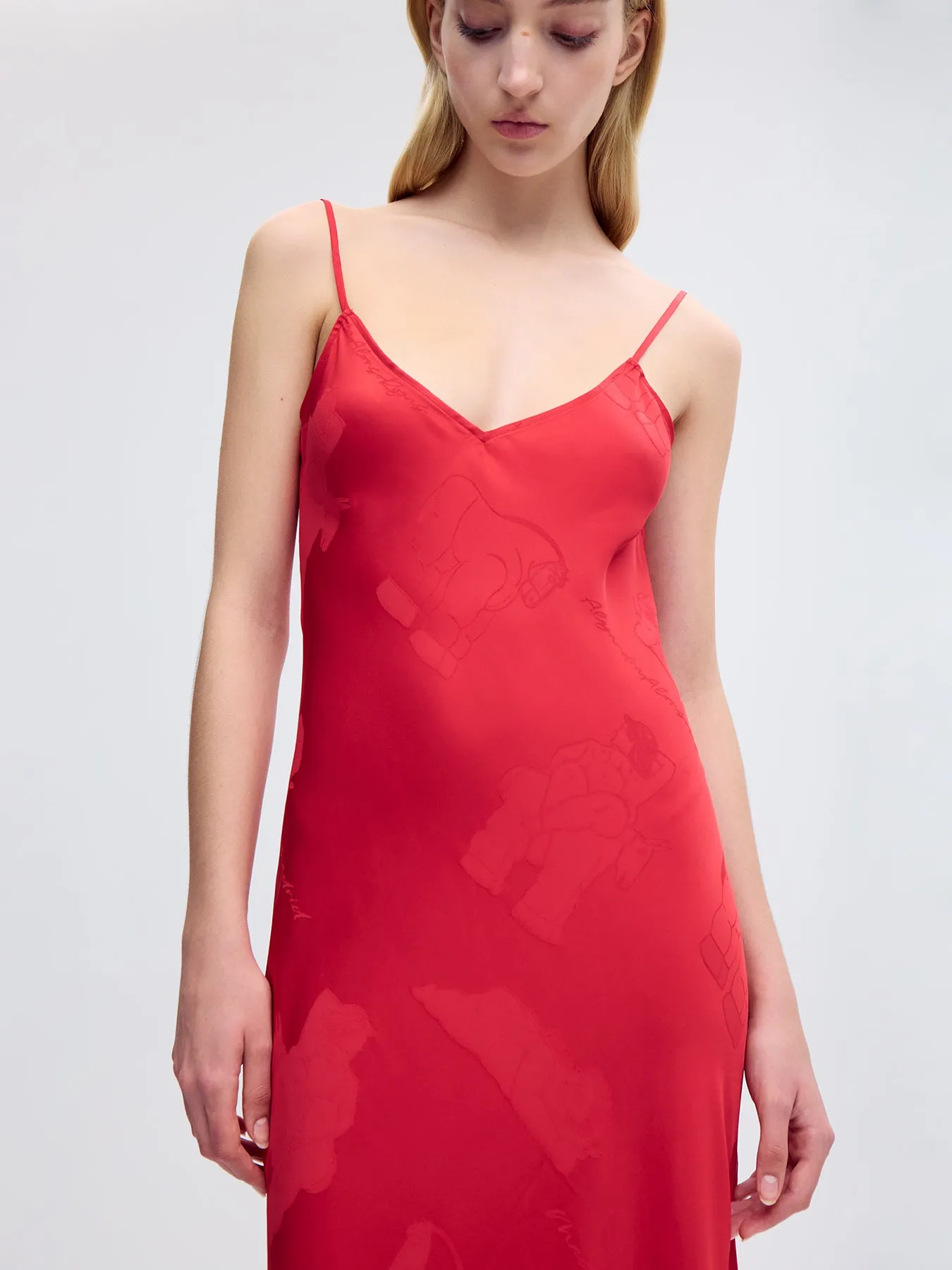 Bias Silk Slip Gown in Red Jacquard