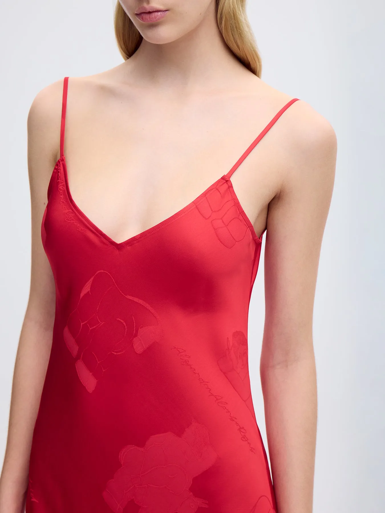 Bias Silk Slip Gown in Red Jacquard