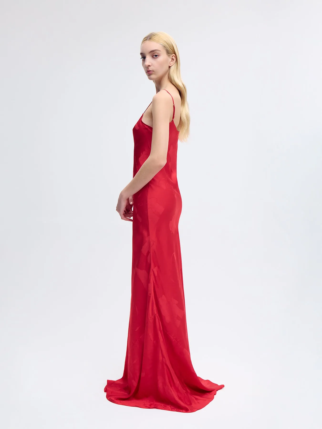 Bias Silk Slip Gown in Red Jacquard