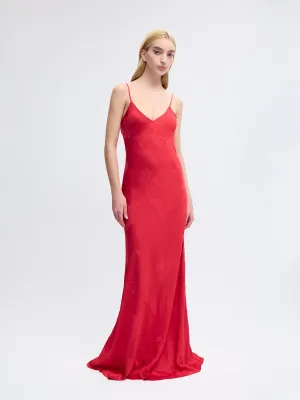 Bias Silk Slip Gown in Red Jacquard