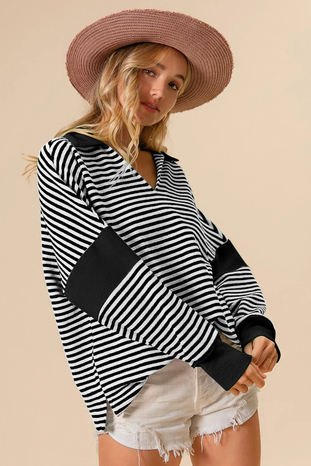 BiBi Striped Contrast Long Sleeve Knit Top