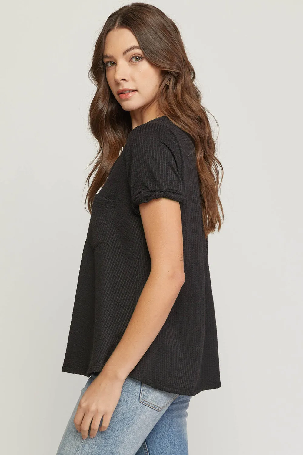 Black Textured Pocket Top