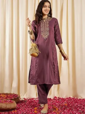 Brown Floral Embroidered Regular Kurta with Trousers