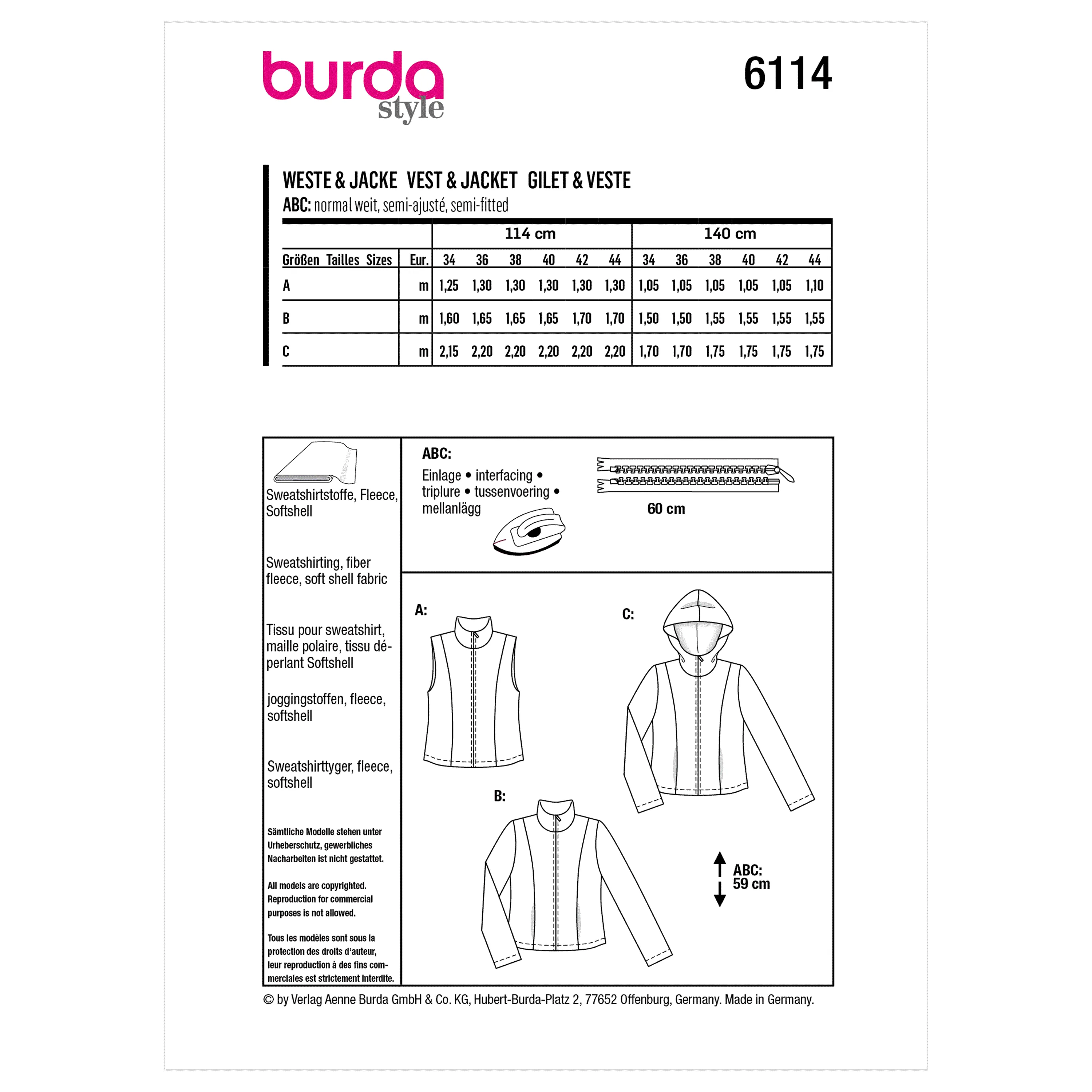 Burda Sewing Pattern 6114 Gilet, Hooded Jacket