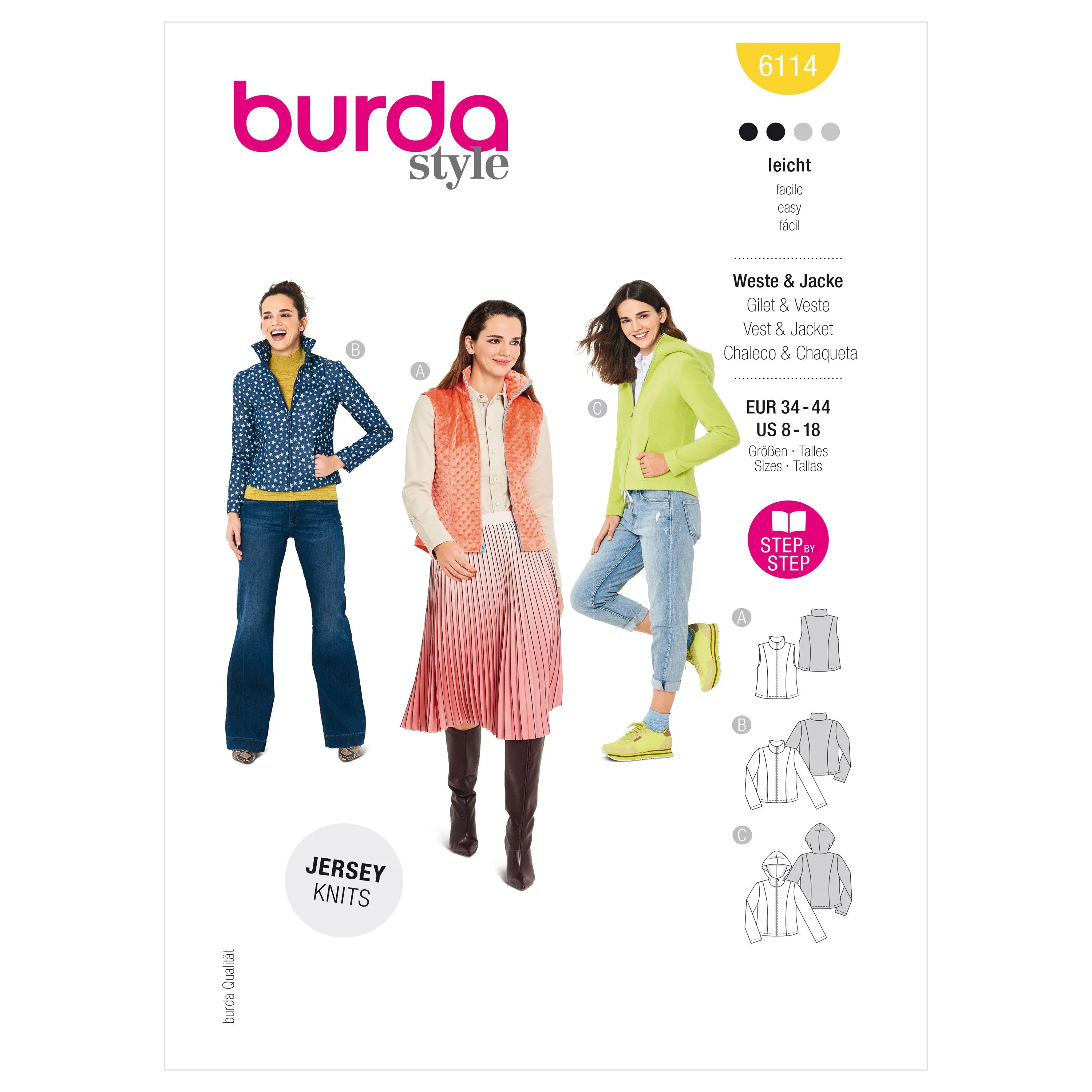 Burda Sewing Pattern 6114 Gilet, Hooded Jacket