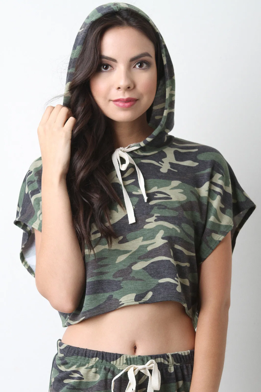 Camouflage Knit Hoodie Crop Top