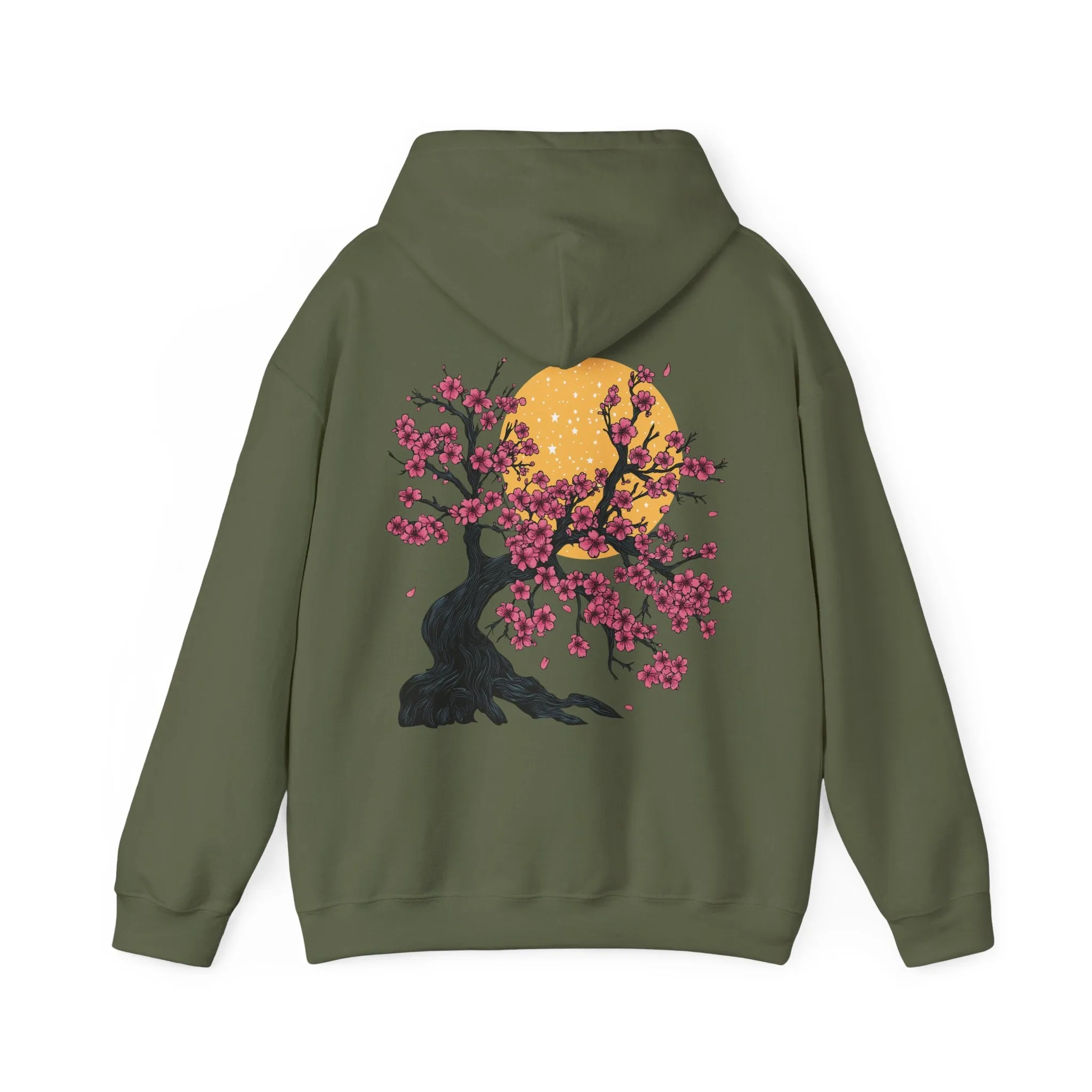 Cherry Blossom Hoodie, Japanese Floral Tree Moon Sweatshirt, Nature Lover Gift, Pink Petal Branches, Ethereal Atmosphere, Sakura Tree Hoodie