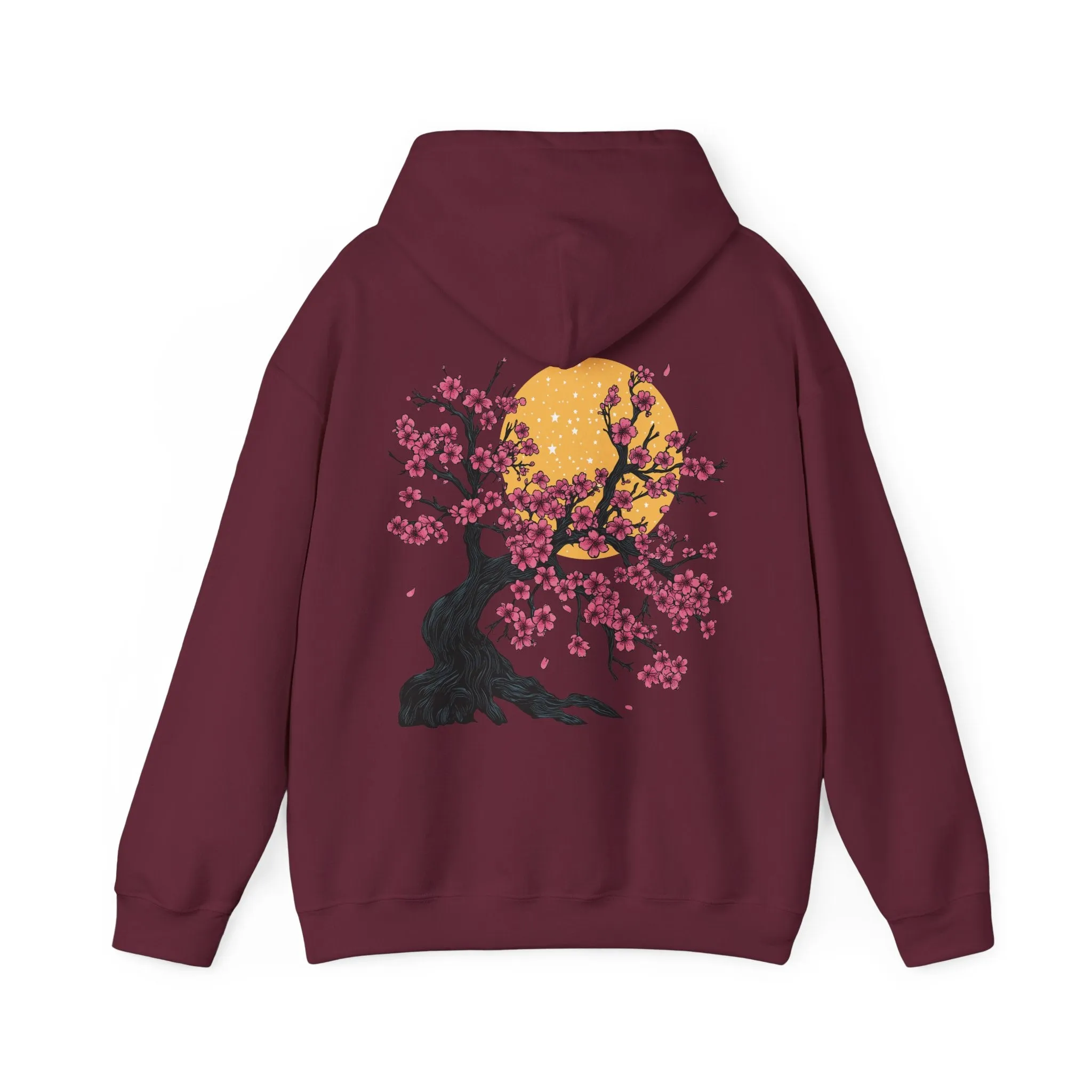 Cherry Blossom Hoodie, Japanese Floral Tree Moon Sweatshirt, Nature Lover Gift, Pink Petal Branches, Ethereal Atmosphere, Sakura Tree Hoodie