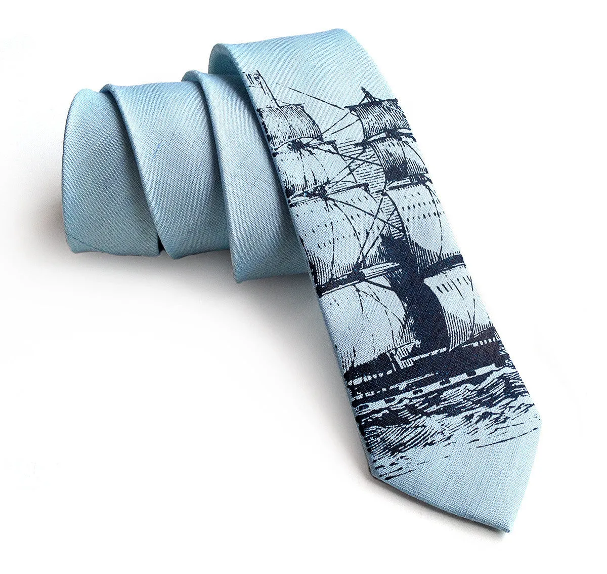 Clipper Ship Linen Necktie. Nautical Print Tie