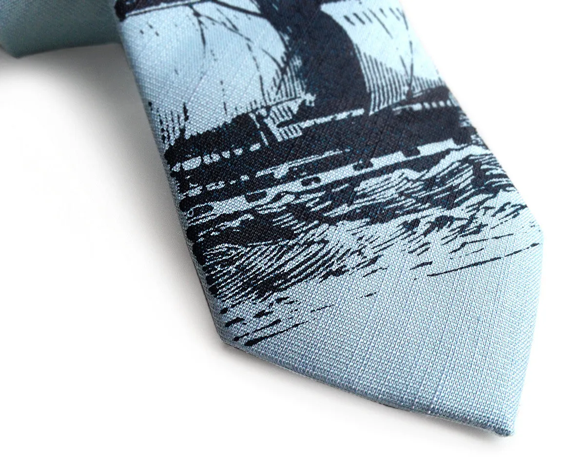 Clipper Ship Linen Necktie. Nautical Print Tie