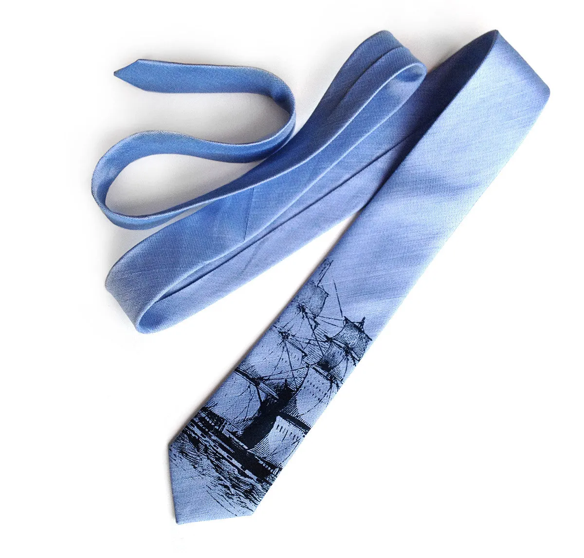 Clipper Ship Linen Necktie. Nautical Print Tie