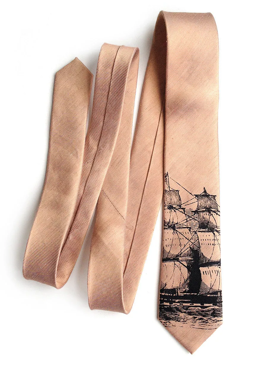 Clipper Ship Linen Necktie. Nautical Print Tie