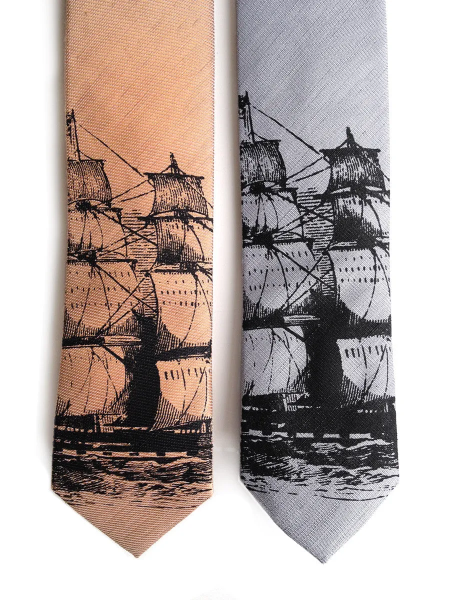 Clipper Ship Linen Necktie. Nautical Print Tie