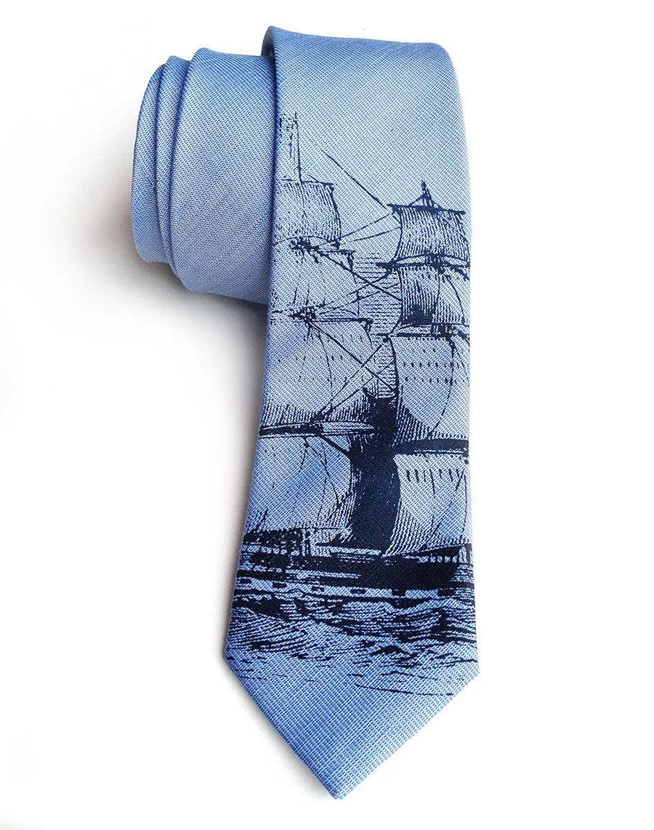 Clipper Ship Linen Necktie. Nautical Print Tie