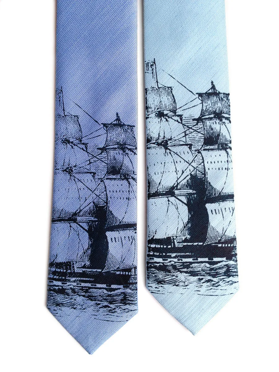 Clipper Ship Linen Necktie. Nautical Print Tie