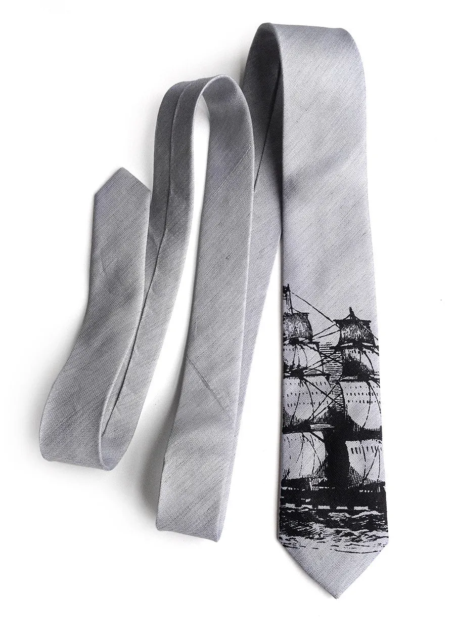 Clipper Ship Linen Necktie. Nautical Print Tie