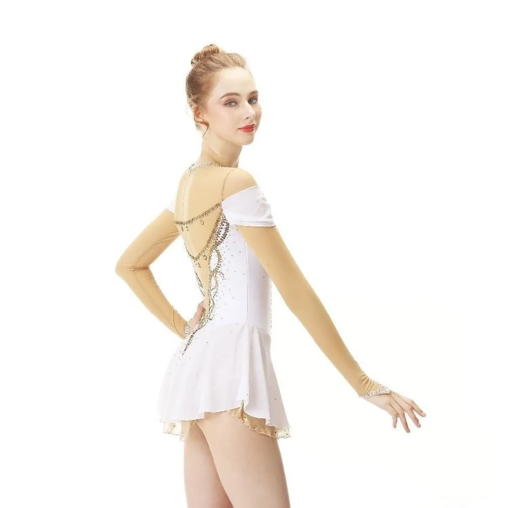 Competition Figure Skating Dress White Skin Color Mesh Sleeves