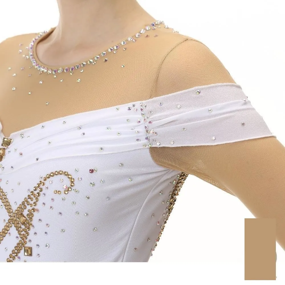 Competition Figure Skating Dress White Skin Color Mesh Sleeves