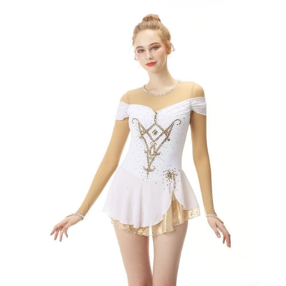 Competition Figure Skating Dress White Skin Color Mesh Sleeves