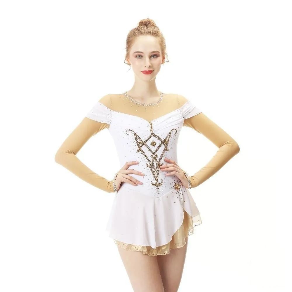 Competition Figure Skating Dress White Skin Color Mesh Sleeves