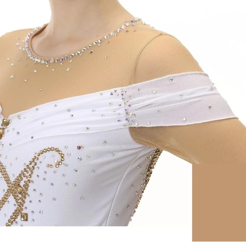 Competition Figure Skating Dress White Skin Color Mesh Sleeves