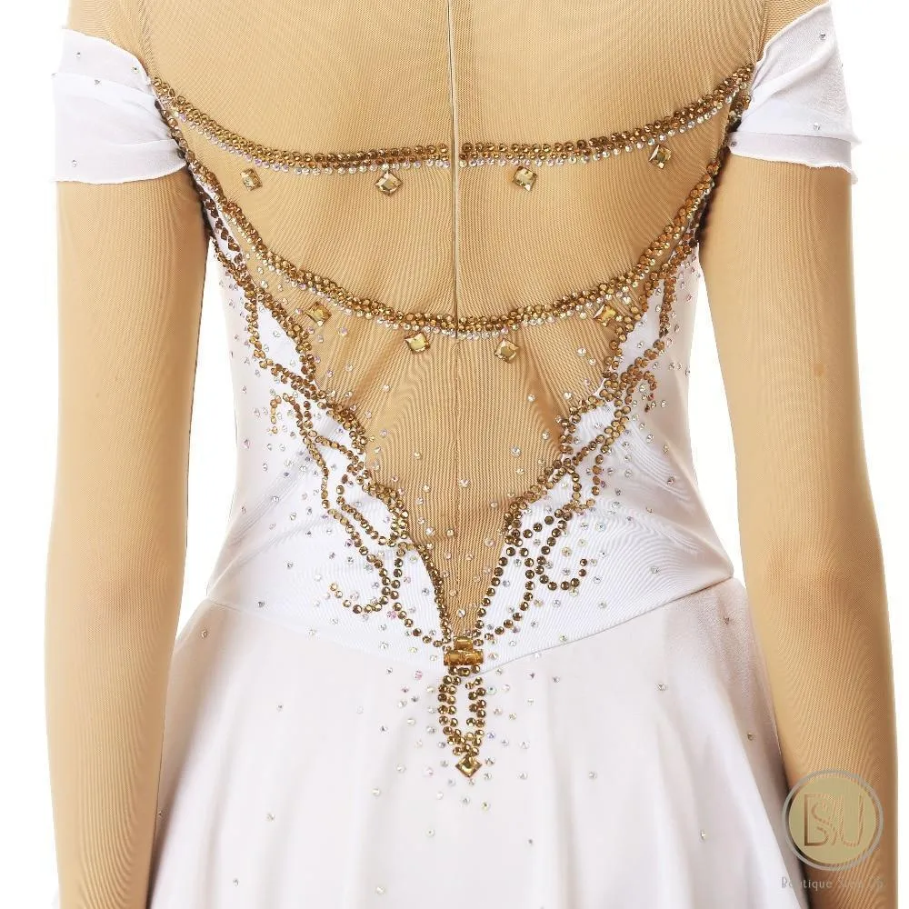 Competition Figure Skating Dress White Skin Color Mesh Sleeves