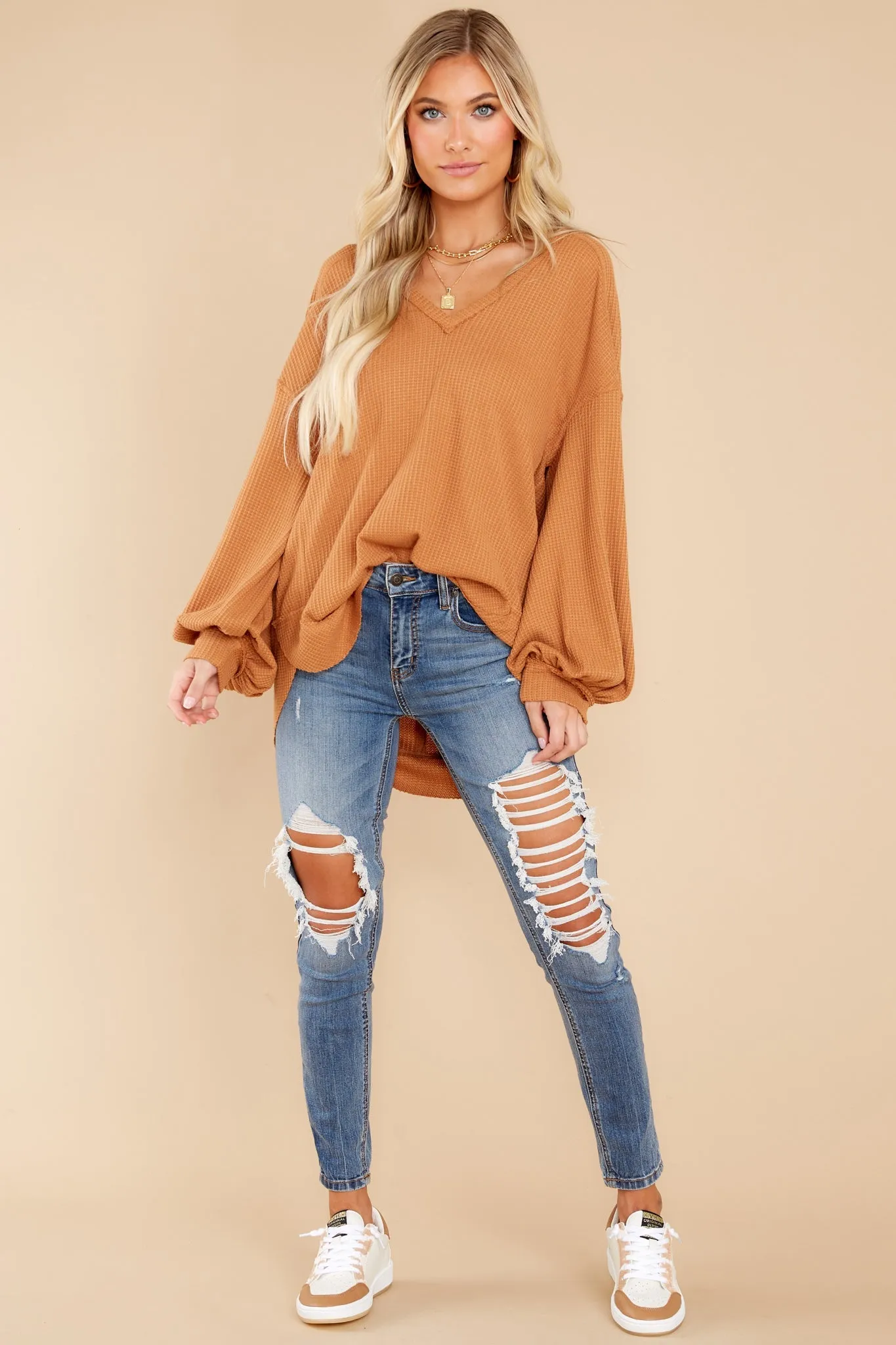 Cozy Warmth Camel Waffle Knit Top