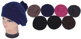 crochet slub beret hats w/ pom pom adornment Case of 144