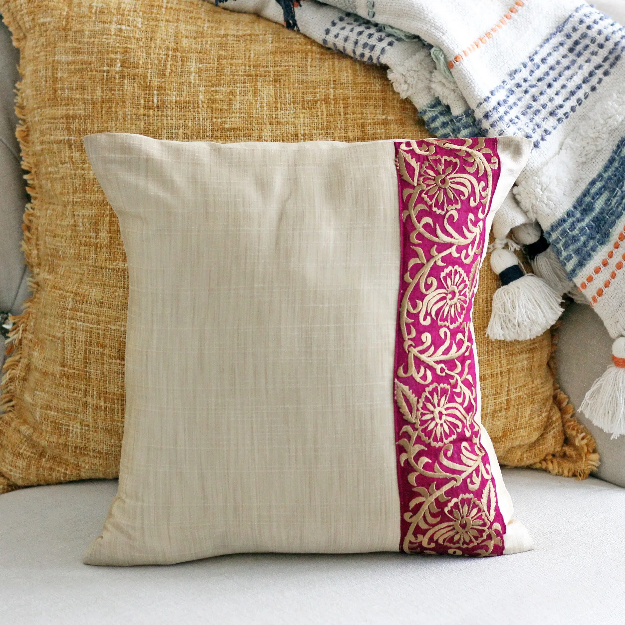 Decorative Silk Cushion Cover - Intricate Floral Embroidery | Cream Pillow, 15.5"